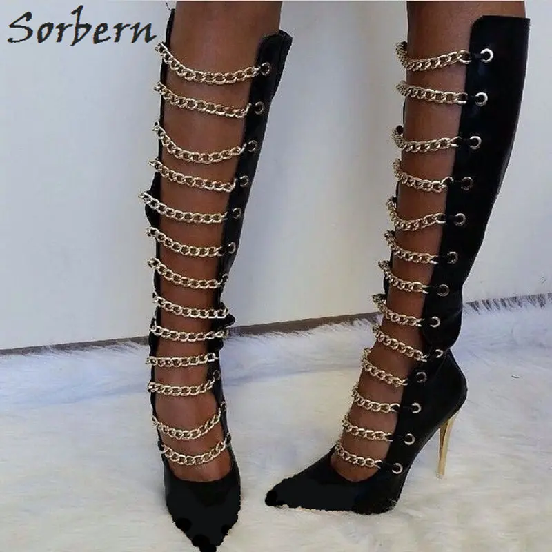 

Fashion Black Women Boots Chain Women's Tote Boot High Thin Heels PU Ladies Party Boots Zipper Pointed Toe Shoes Womens 2018