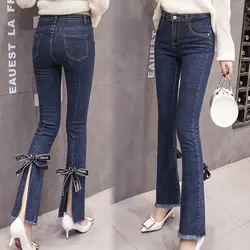 Джинсы для женщин студентов Обувь для девочек весна 2018 г. Новая Корейская версия Высокая Талия Тонкий Лук Разделение Harajuku джинсовые штаны
