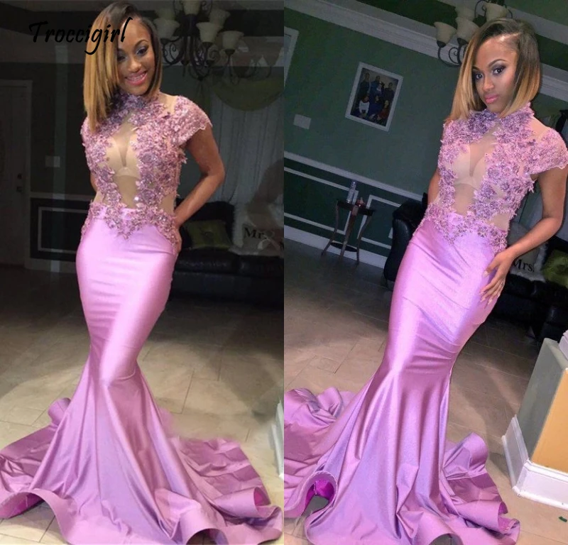 

African Mermaid Evening Dress 2019 High Neck Cap Sleeves Appliques Beaded Satin Women Prom Dresses Black Girl Long Party Gowns
