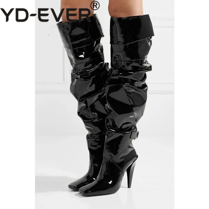 

Fashion Women High Heel Boots Patent Leather Catwalk Thin Heel Boots Sexy Party Club Shoes Women Footwear Size 33-50