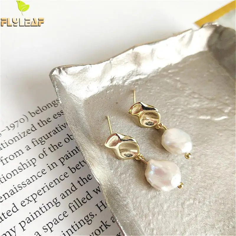 

100% Real Silver 925 Gold Drop Earings Fashion Jewelry Irregular Natural Freshwater Pearl Earrings For Women High Quality Luxury