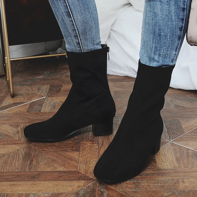 

Big Size 11 12 13 14 15 16 Suede square head, thick heel, middle heel, zipper, square heel and middle boot fashion boots