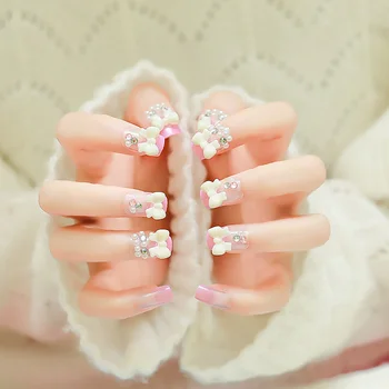 

24pcs Simulation Pearl Cute French False Nails Middle-long Nail Art Tips with Glue Girls Sweet Pink Color with Bowknot Fake Nail