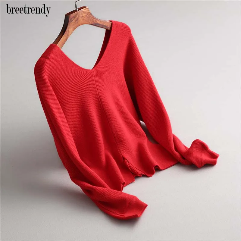 

Women Brief Double V Neck Long Sleeve From Split Sweater Ladies Autumn Winter Wool Blends Sweaters Knitting Jumpers