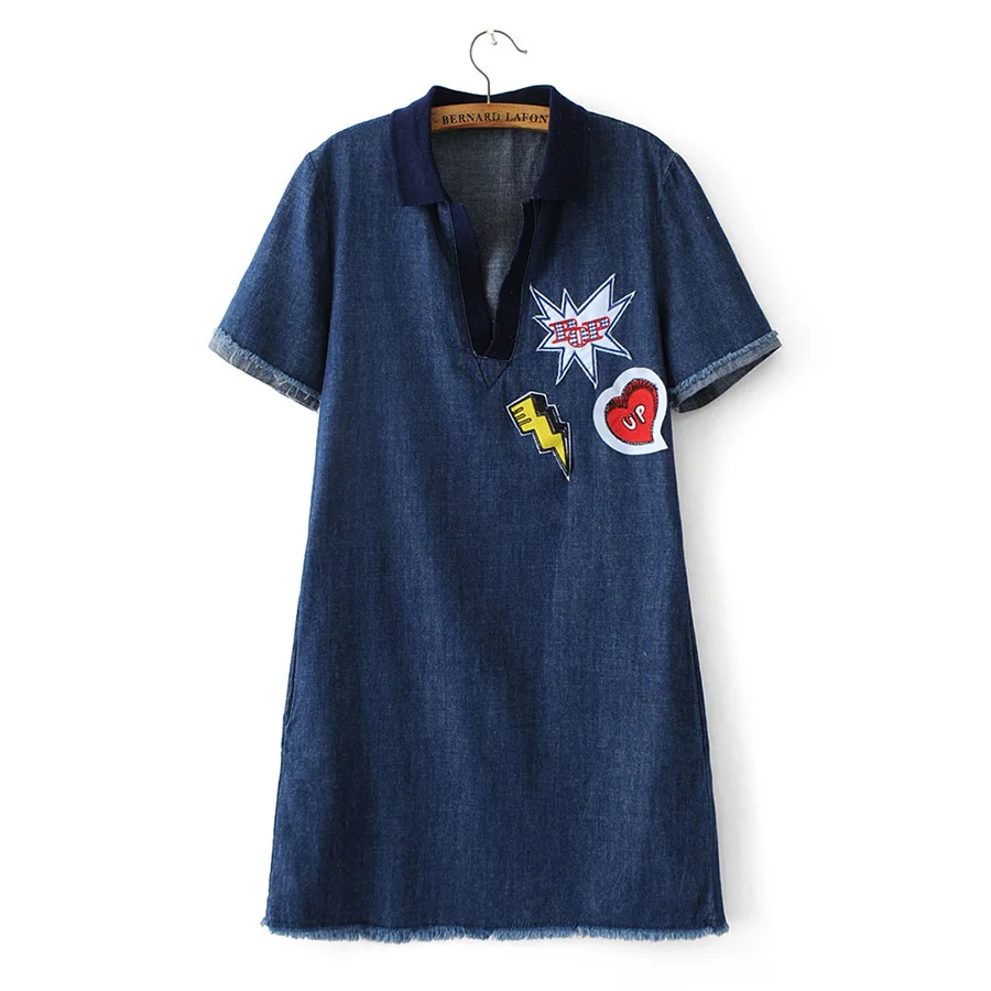 Summer v neck embroidered denim dress