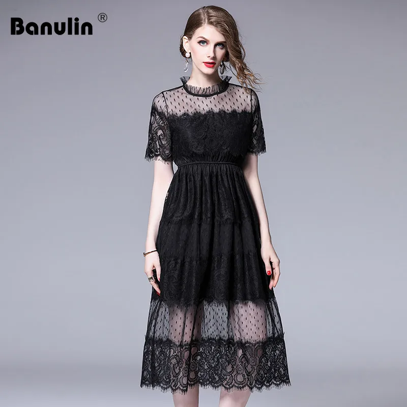 

Banulin 2019 Summer Lace Dress Work Casual Slim Fashion Stand neck Sexy Hollow Out Dresses Women A-line Vintage Vestidos
