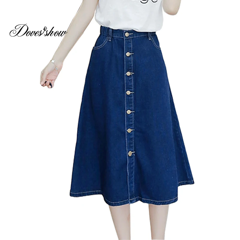 High Waist Denim Skirts Women Calf length A line Plus Size Patchwork ...