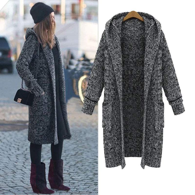 

Autumn 2018 Winter Women's Coat Long Sleeve Hooded Knitted Long Cardigans Solid Plus-Sized Thick Gray Casual Clothing Sweater