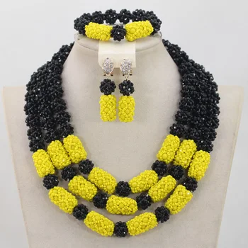 

Gorgeous Black/Yellow Nigerian Wedding Beads Jewelry Set African Women Costume Crystal Party Necklace Set Free Shipping QW522