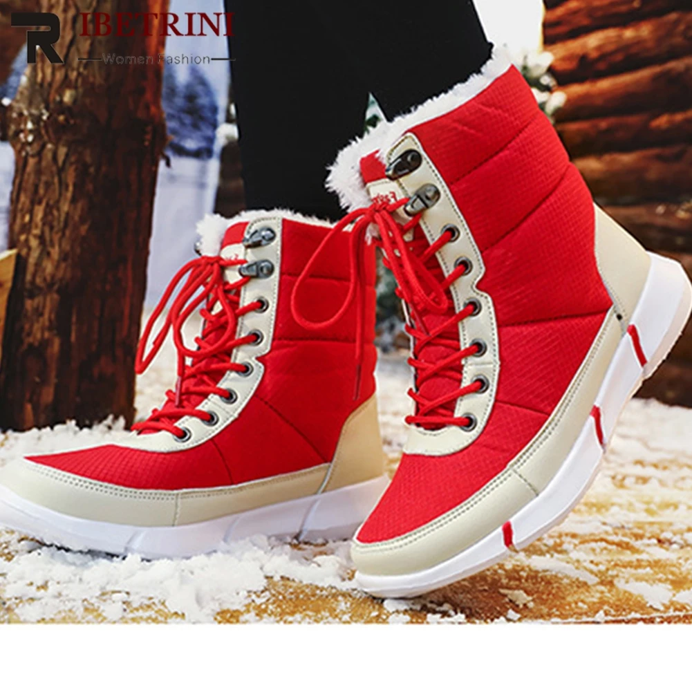 

RIBETRINI Winter Waterproof Snow Boots Woman Add Fur Warm Thick Bottom Shoes Woman Fashion Lace Up Boots Female Size 35-45