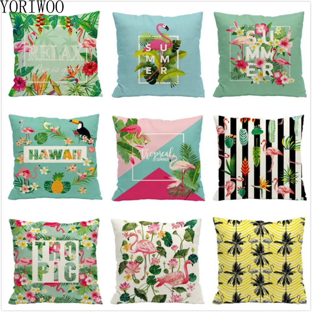 

YORIWOO Flamingo Party Tropical Cushion Cover Cotton Linen Throw Pillow Covers Summer Pillowcase Sofa Hawaiian Party Decorations
