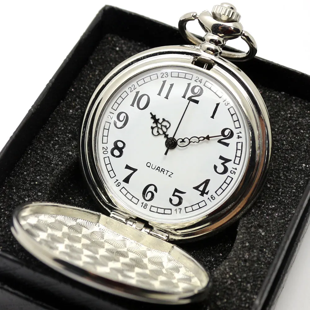 Men s Pocket Watch Set Sliver Bleck Smooth Mirror Pendant Chain Quartz Watches Women Gift Bag 5