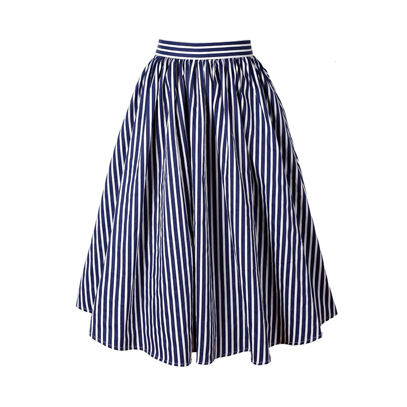 Vintage Blue White Striped Print Casual Skirts High Waist A Line Summer Women Skirtin Skirts