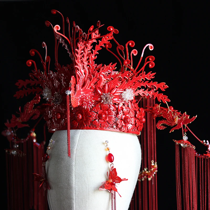 HIMSTORY преувеличенный Великолепный красный Феникс китайский стиль корона для невесты Длинная кисточка королева сценический головной убор невесты ювелирные изделия
