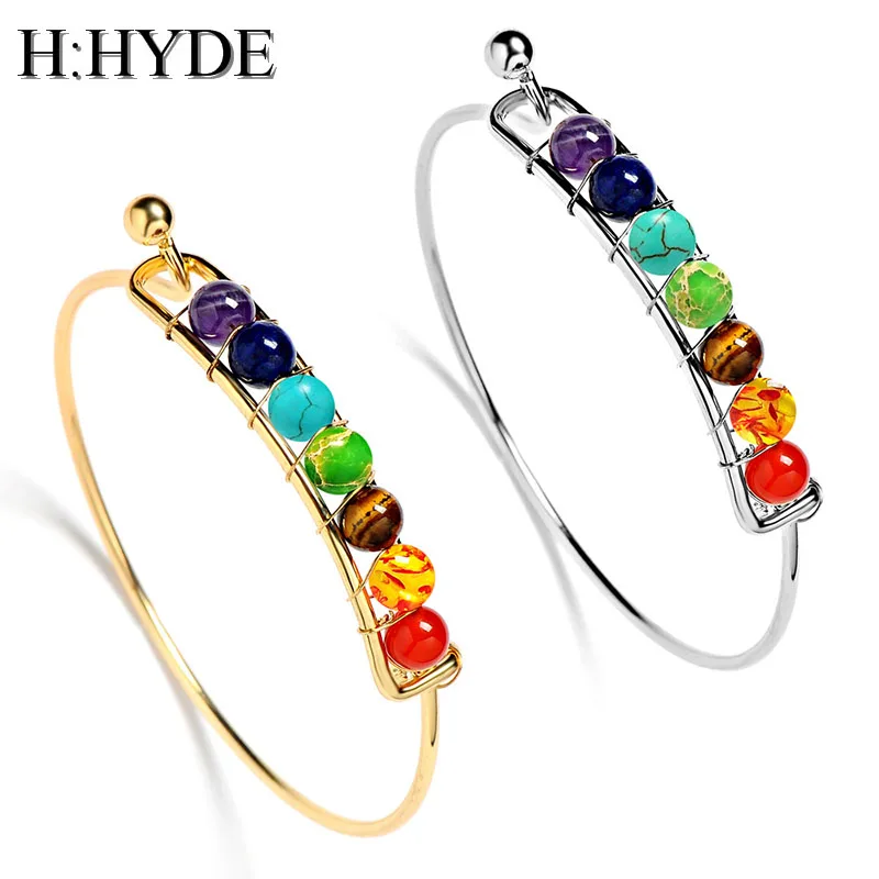 

H:HYDE Natural Energy Stone Open Copper Bracelet Crystal Round Beads 7 Chakra Bangles For Women Reiki Spiritual Yoga Jewelry