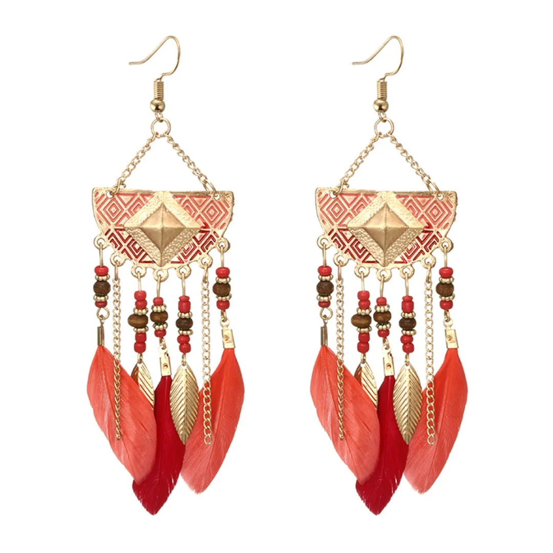 Punk Ethnic Tribal Tassel Beads Feather Dangle Earring Fan Shape Geometric Metal Earring Shellhard Women Statement Jewelry Gift