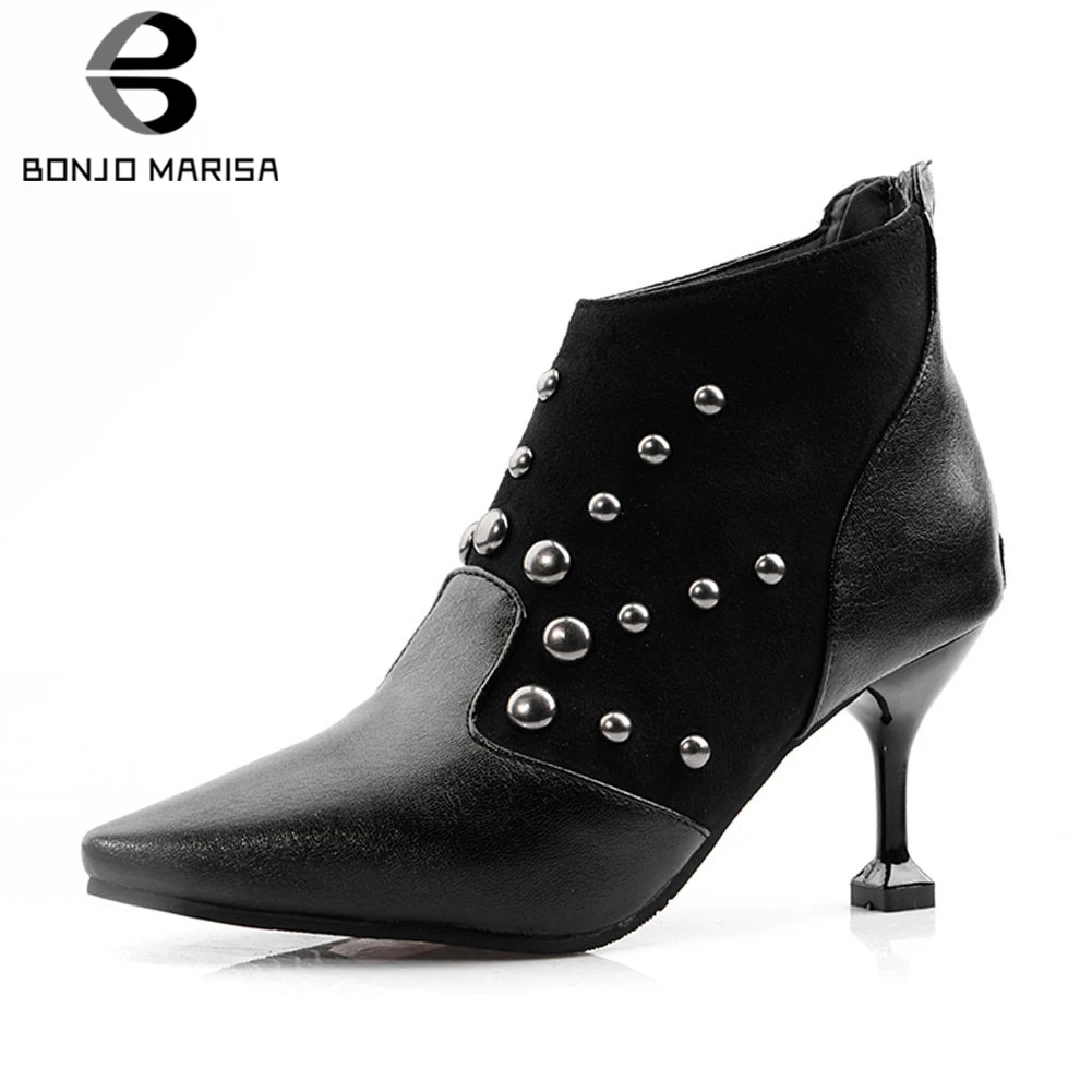 

BONJOMARISA Brand New Plus Size 32-48 Booties Metal Decoration Pointed Toe Shoes Women Party Ol Autumn High Heels Ankle Boots