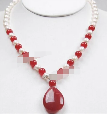 j00276 7-8mm White Akoya Pearl/Ruby Pendant(20X30MM) beads Necklace 18&quot | Украшения и аксессуары