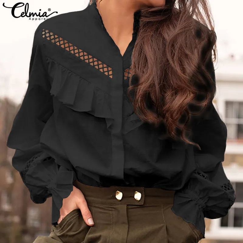 

5XL Celmia 2019 Autumn Party Top Women V Neck Sexy Hollow Ruffled Long Sleeve Blouses Casual Loose Blusas Mujer Plus Size Shirts