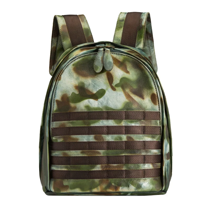 

New Military Backpack Women Men Genuine Leather Backpack Female School Bags Patchwork Real Cowhede Leather Big Design Back Pack