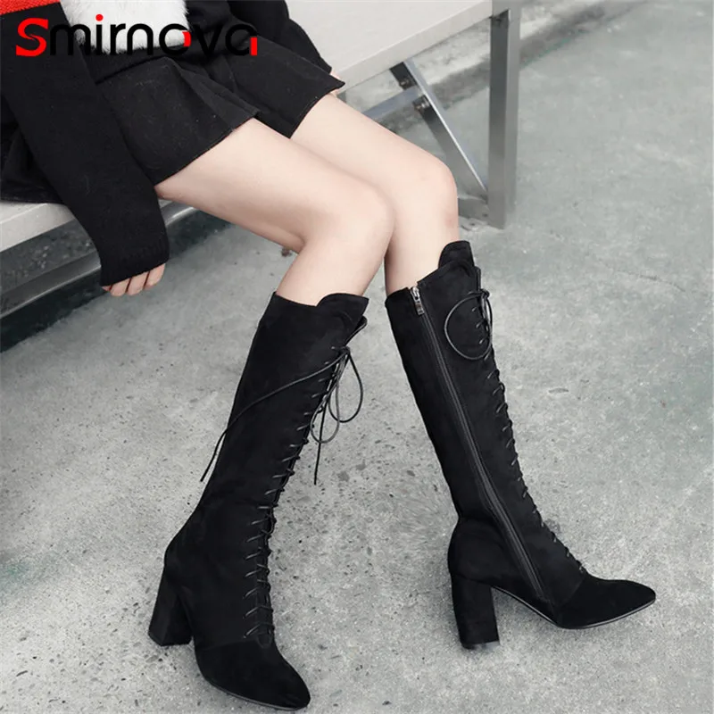

Smirnova TOP quality 2020 short plush lace up knee high boots thick heels long boots for woman warm suede leather boots ladies
