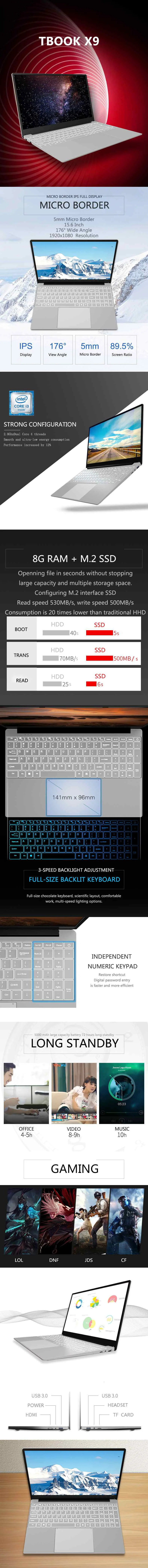 Ноутбук Tbook X9 15,6 дюймов ips дисплей i3-5005U 8G LPDDR4 128G SSD Intel HD graphics 5500 Windows 10 HDMI выход