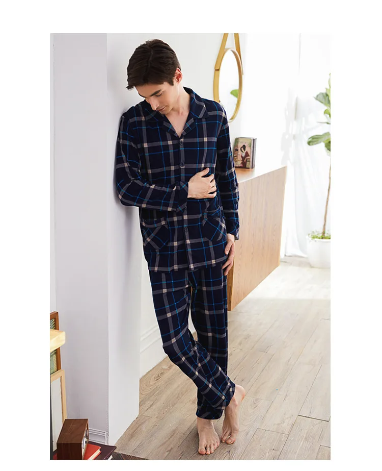 J & Q Pijama Пара Одежда Кардиган Топ с длинным рукавом хлопок для мужчин и женщин пижамы Нагрудные плед бренд дома повседневное костюм