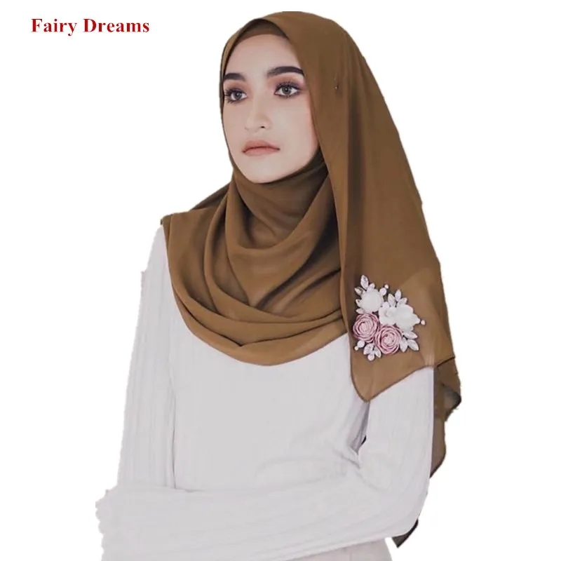 

Muslim Turkish Solid Scarves Flowers Beading Chiffon Arab Scarf Women's Hijab Fashion Dubai Headscarf femme Instant Shawl 2019