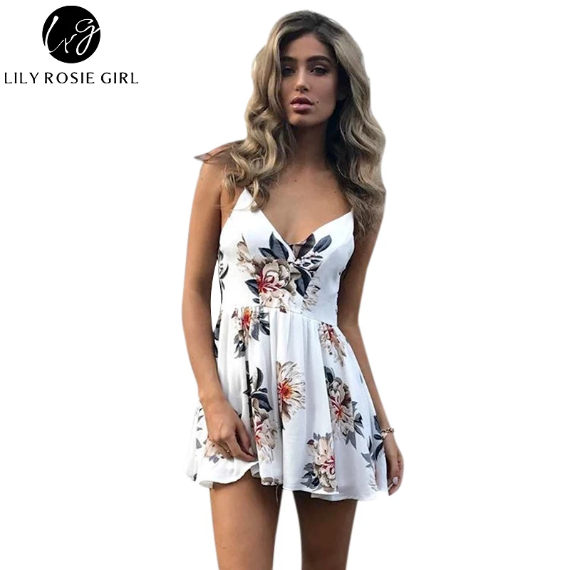 

Lily Rosie Girl Women Hollow Out Print Deep V Neck Boho Summer Rompers White Floral Off Shoulder Sexy Playsuit Overalls