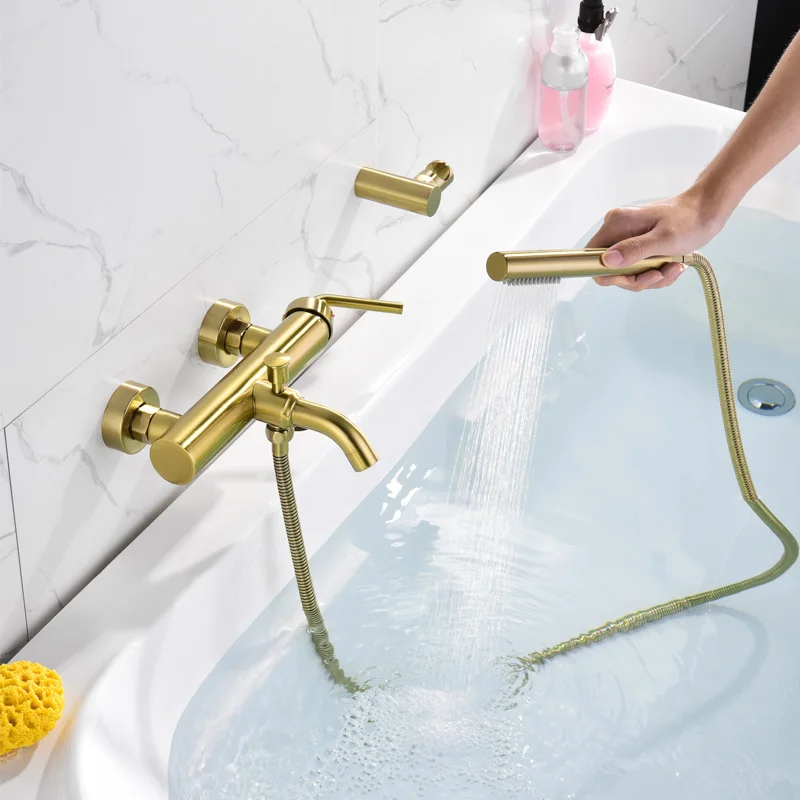 Твердый латунный матовый золотой кран для ванной настенный смеситель для ванной душа ручной душ горячий и холодный смеситель для ванны