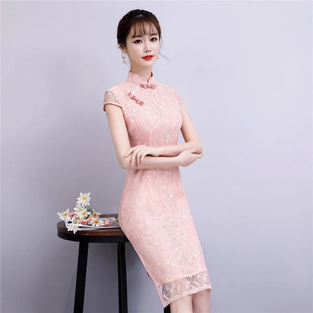 Шанхай история китайское восточное платье с коротким рукавом жаккардовое Qipao платье длиной до колена кружевная ткань с узором стрекоза