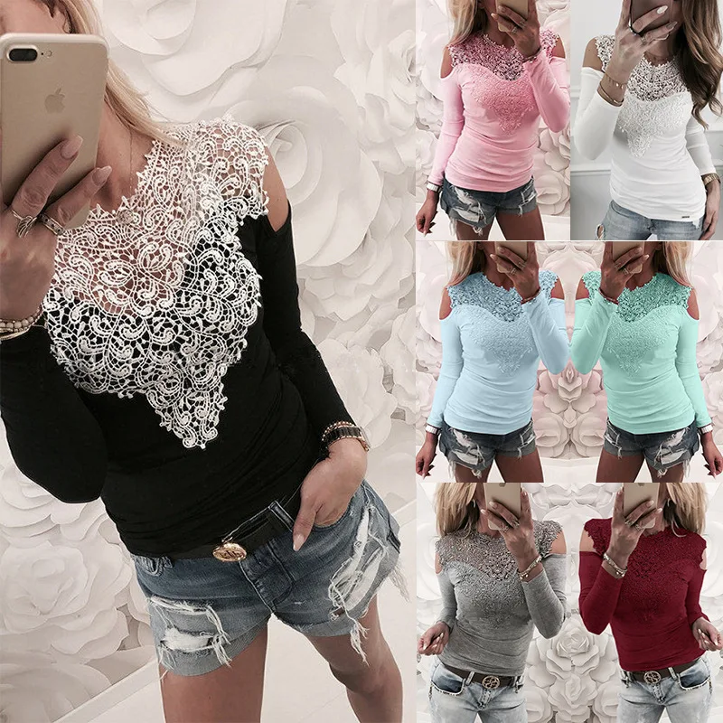 

Lace Splice Long Sleeve O-neck T-shirt Spring Autumn Casual Women Shirt Hollow Out Sexy Off Shoulder Female Large Size 3XL Tops