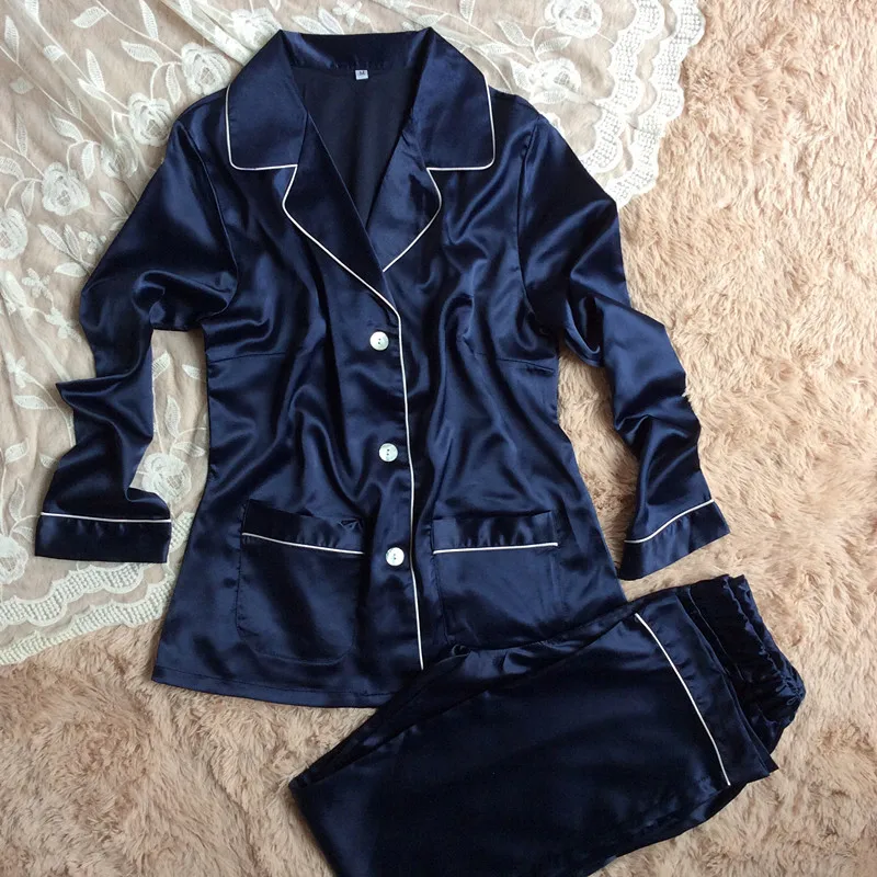 Шелковая атласная Женская одежда для сна, пижамный комплект с отложным воротником, комплект шелковой одежды для сна, топ с длинными рукавами+ штаны, 2 предмета