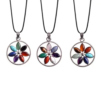 Hot natural stone seven chakra healing yoga necklace pendant rainbow petal turquoise amethyst to enhance the charm of woman gift