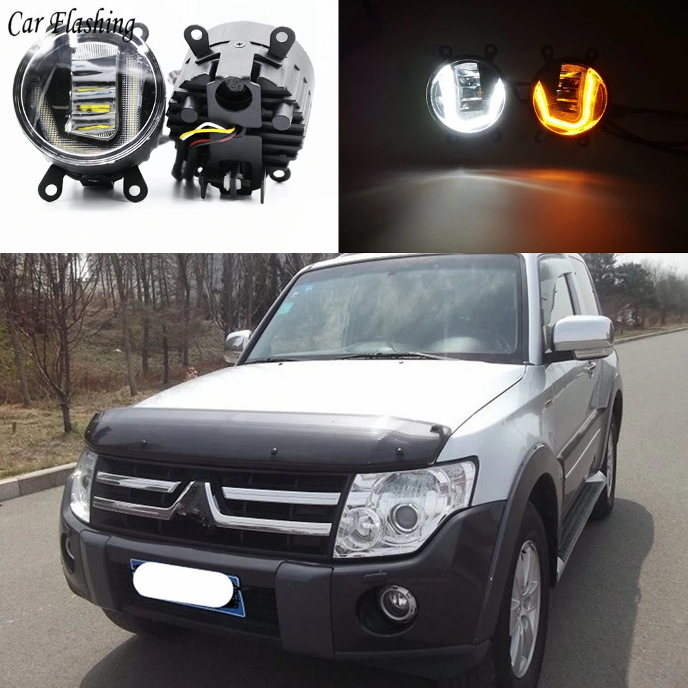 

3-IN-1 Functions LED DRL Daytime Running Light Car Projector Fog Lamp with yellow signal For Mitsubishi Pajero V87 V97 2007-2014