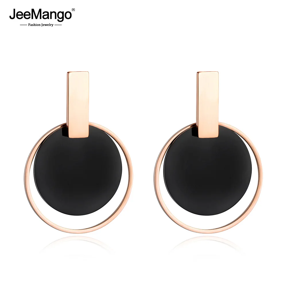 

JeeMango Black Disc & Rose Gold Circle Earrings For Women Exaggeration Stainless Steel Jewelry Pendientes Mujer Moda JE18089