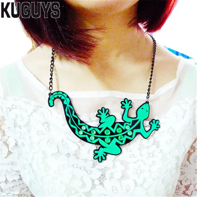 KUGUYS Big Large Green Gecko Pendant Necklace for Women Men Fashion Acrylic Jewelry Black Chain Hyperbole Accessories | Украшения и