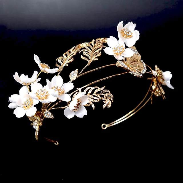 Vintage Gold Leaf Bridal Wedding Hair Accessories Handmade Vintage Gold Leaf Bridal Wedding Hair Accessories Handmade Headpiece White Flower Tiaras Tiara