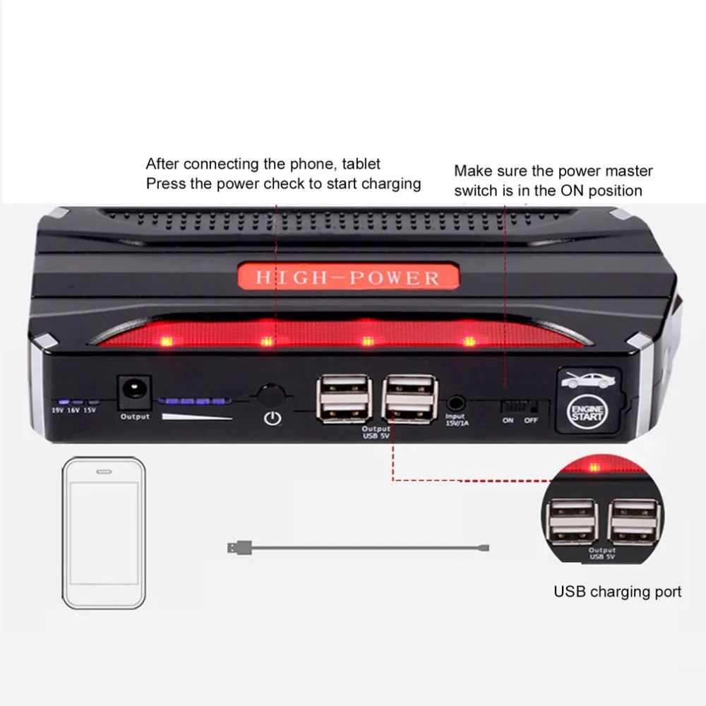 68800 mAh автомобильный стартер для прыжков Портативный 4 USB автомобильный блок питания перезаряжаемый аккумулятор высокой мощности аксессуар, пользующийся наибольшим спросом