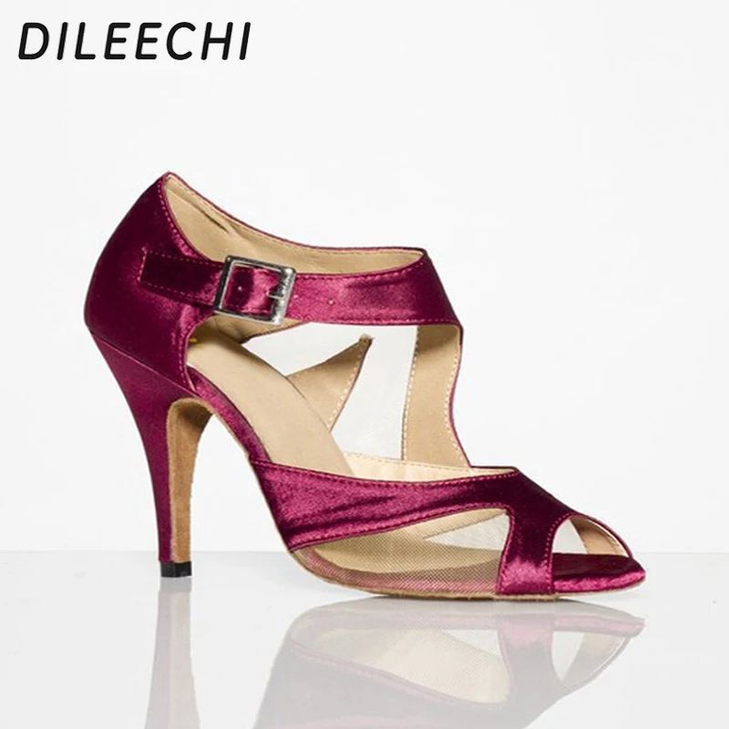DILEECHI/черная сетчатая Женская атласная обувь для латинских танцев винно-красного цвета; Обувь для бальных танцев на высоком каблуке 8,5 см; обувь для сальсы и самбы