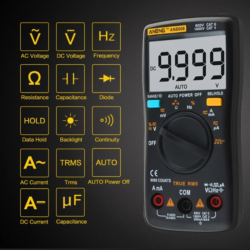 

AN8008 True RMS LCD Digital Multimeter Voltmeter Ammeter Voltage Current Black