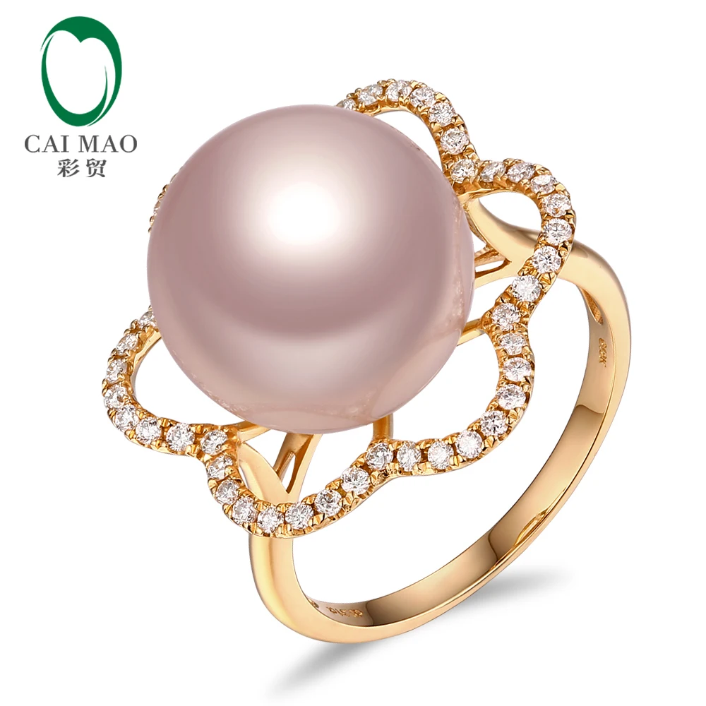 New collection 18k Yellow Gold precious 12-13mm Round Freshwater Pearl Ring 0.33ct Natural Diamond manufacturer