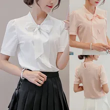 Women Blouse 2019 Women Summer Work Office Short Sleeve Bow Tie Solid Chiffon Blouse Tee Shirt Top