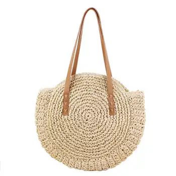 

Round Straw Beach Bag Vintage Handmade Woven Shoulder Bag Raffia Circle Rattan Bags Bohemian Summer Vacation Casual Bags