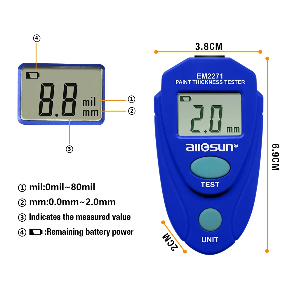  all sun all-sun EM2271 EM2271A Digital Mini Automobile Thickness Gauge Car Paint Tester Thickness C