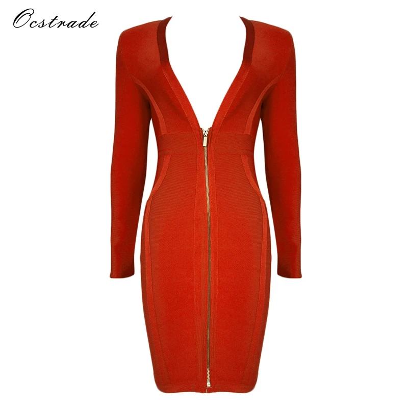 Ocstrade Mulheres Nova Chegada 2017 Vermelho de Alta Qualidade Rayon Manga Longa Vestido Bodycon Profundo decote em v Sexy Vestido Bandage Party Club vestido