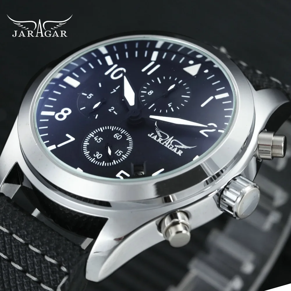 JARAGAR Men Mechanical Watch Blue Coated Glass Leather Band Working Sub-dials Arabic Number Dial Top Fashion Men Auto Wristwatch JARAGAR Men Mechanical Watch Blue Coated Glass Leather Band Working Sub-dials Arabic Number Dial Top Fashion Men Auto Wristwatch