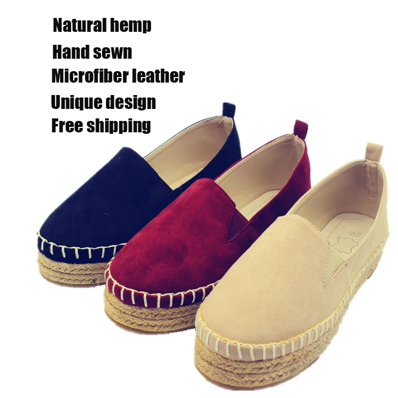 Plataforma de las mujeres Pisos alpargatas mocasines de Lona zapatos planos de cáñamo yute zapatos platfporm