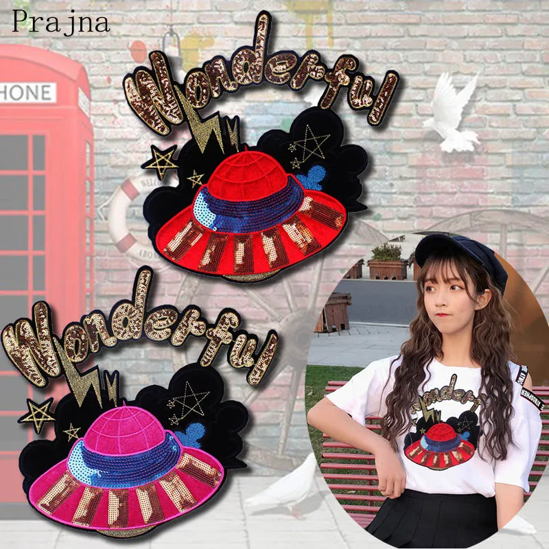 

Prajna Fashion Cartoon UFO Patch Space Sequined Patch Sew On Embroidered Patches For Clothing Big Applique Decor Washable Badge