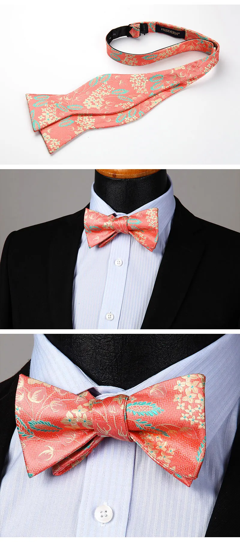 Вечерние свадебные лук галстук носовой платок комплект классические мужские ярко-розовый цветочный самостоятельно регулируемый